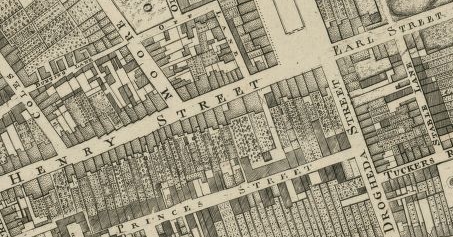 Rocque's Map of 1756 showing Moore's legacy: Moore St, Henry St, Off Lane, Drogheda St and Earl St are all visible. 